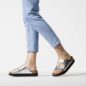 NWOB! Birkenstock Papillo Platform Arizona Metallic Silver Sz 37